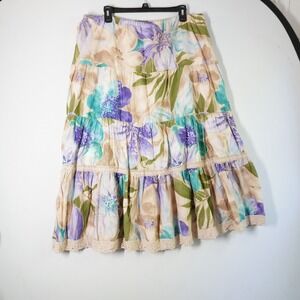 vtg Caribbean Joe Maxi Skirt Womens XL Floral Tiered Lace Trim Cottagecore bEACH